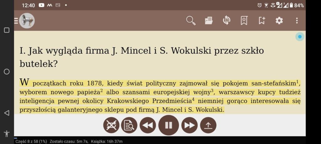 Zrzut ekranu aplikacji z otwartym ebookiem "Lalki"